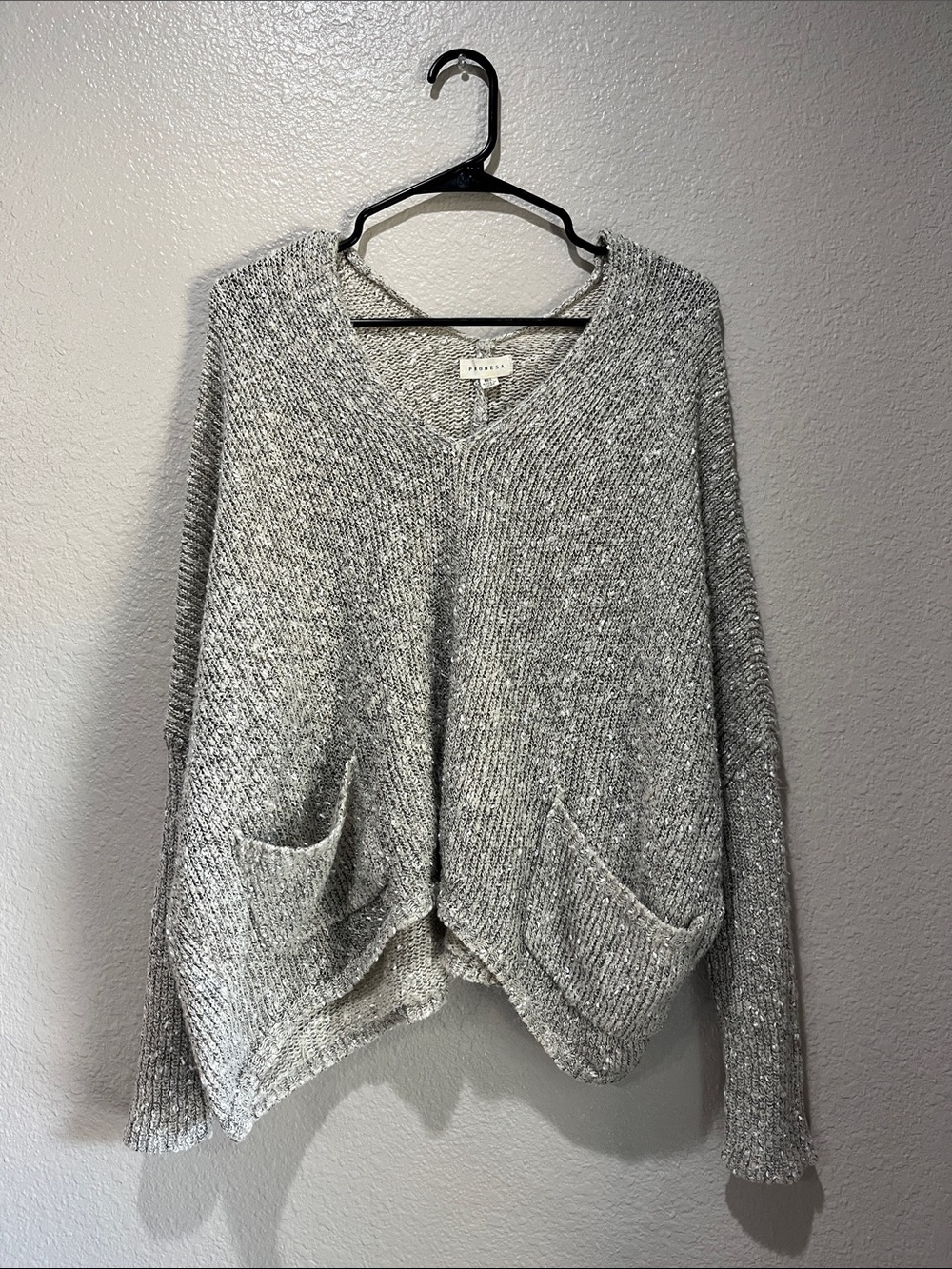 Promesa Heather Gray V-Neck Pocket Sweater Sz M/L Oversized Casual TC0528